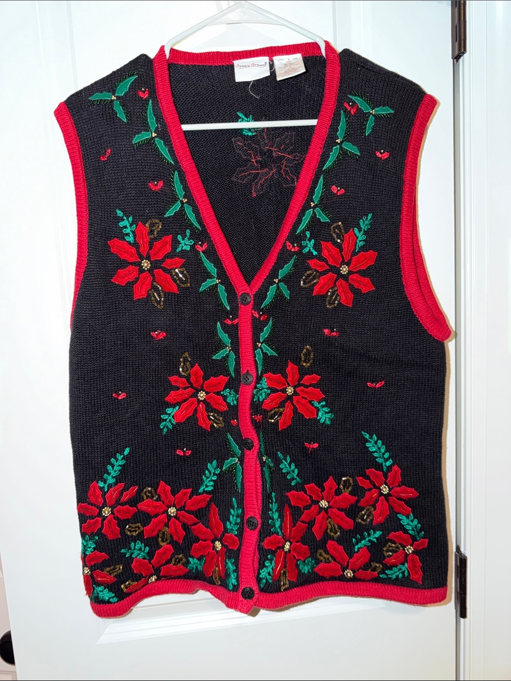 Vintage Retro Bobbie Brooks Black Knit Vest w Red Poinsettia Embroidery size L
